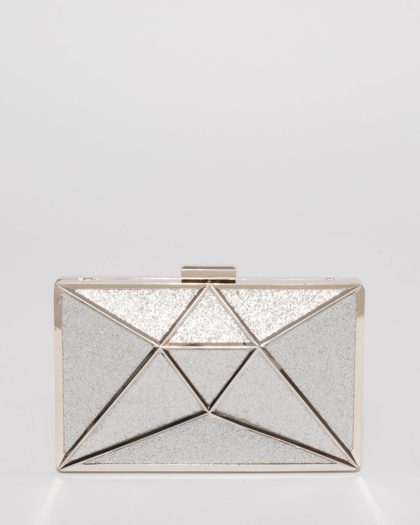 Silver Geometric Large Clutch Bag With Silver Hardware
