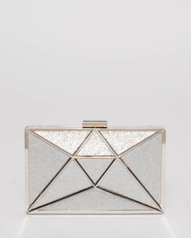Silver Geometric Large Clutch Bag With Silver Hardware