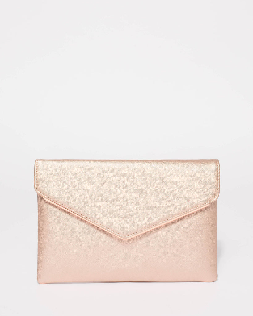 Rose Gold Saffiano Samantha Clutch Bag With Rose Gold Hardware
