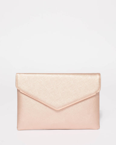 Rose Gold Saffiano Samantha Clutch Bag With Rose Gold Hardware