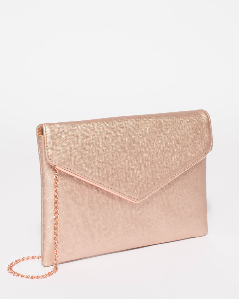 Rose Gold Saffiano Samantha Clutch Bag With Rose Gold Hardware
