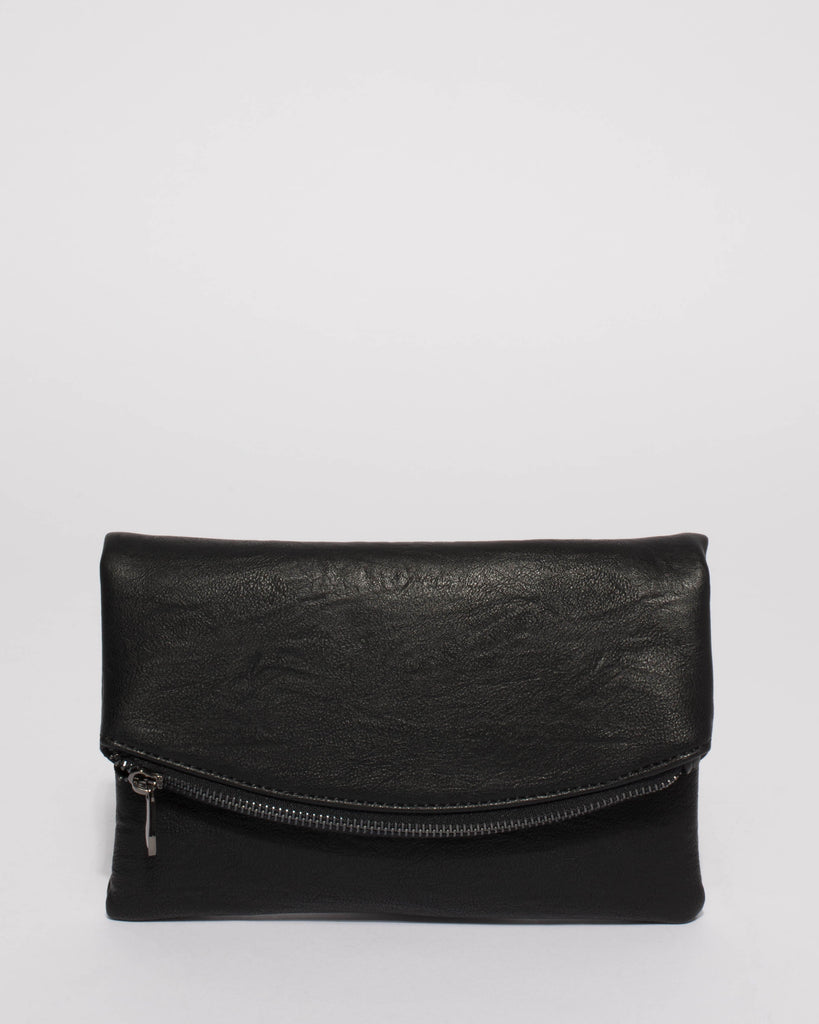Black Smooth Zoe Foldover Clutch Bag With Gunmetal Hardware