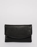 Black Smooth Zoe Foldover Clutch Bag With Gunmetal Hardware