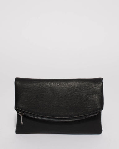 Black Smooth Zoe Foldover Clutch Bag With Gunmetal Hardware