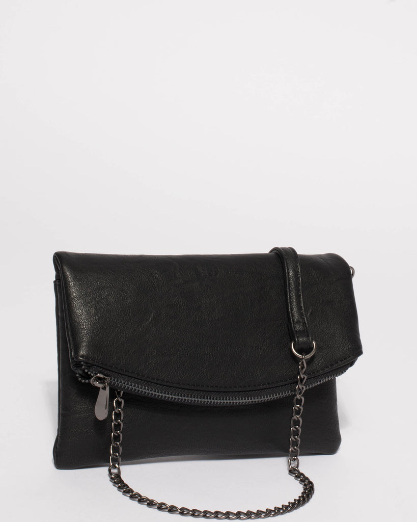 Black Smooth Zoe Foldover Clutch Bag With Gunmetal Hardware
