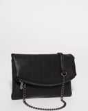 Black Smooth Zoe Foldover Clutch Bag With Gunmetal Hardware