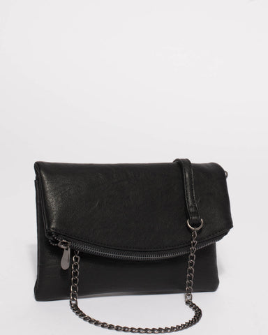 Black Smooth Zoe Foldover Clutch Bag With Gunmetal Hardware