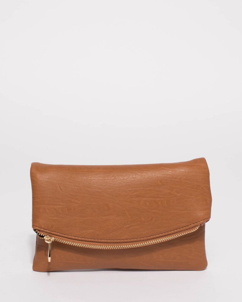 Tan Smooth Zoe Foldover Clutch Bag With Gold Hardware
