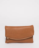 Tan Smooth Zoe Foldover Clutch Bag With Gold Hardware