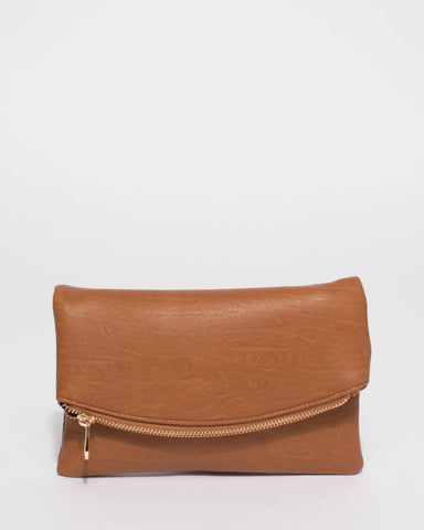 Tan Smooth Zoe Foldover Clutch Bag With Gold Hardware
