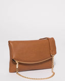 Tan Smooth Zoe Foldover Clutch Bag With Gold Hardware