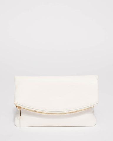 White Smooth Zoe Foldover Clutch Bag With Gold Hardware