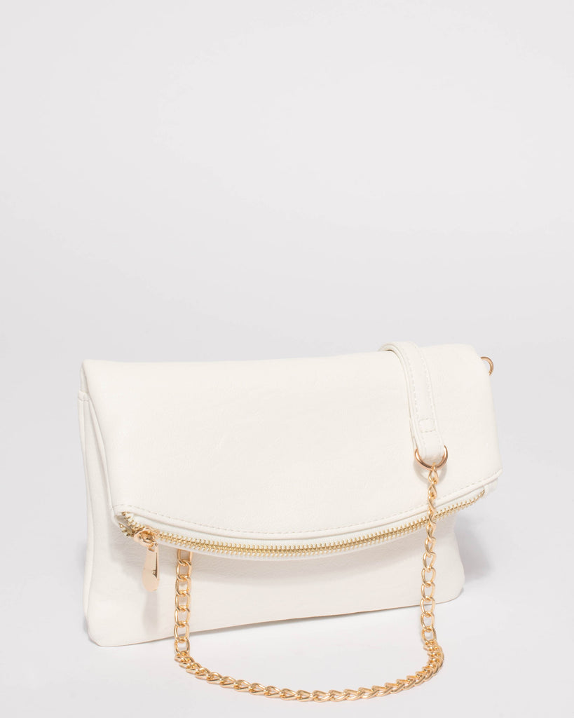 White Smooth Zoe Foldover Clutch Bag With Gold Hardware