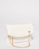 White Smooth Zoe Foldover Clutch Bag With Gold Hardware
