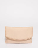 Beige Suedette Zoe Fold Over Clutch Bag With Gold Hardware
