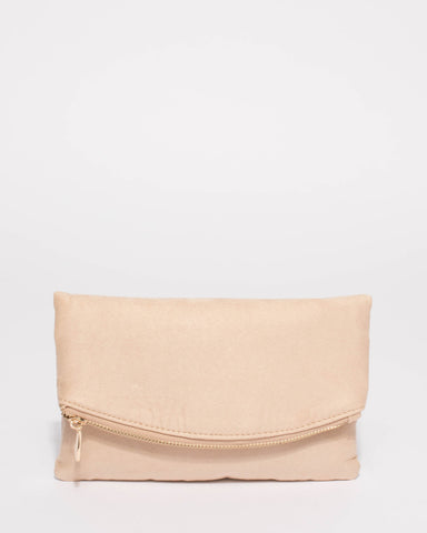 Beige Suedette Zoe Fold Over Clutch Bag With Gold Hardware