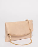 Beige Suedette Zoe Fold Over Clutch Bag With Gold Hardware