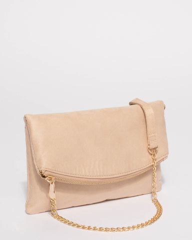 Beige Suedette Zoe Fold Over Clutch Bag With Gold Hardware