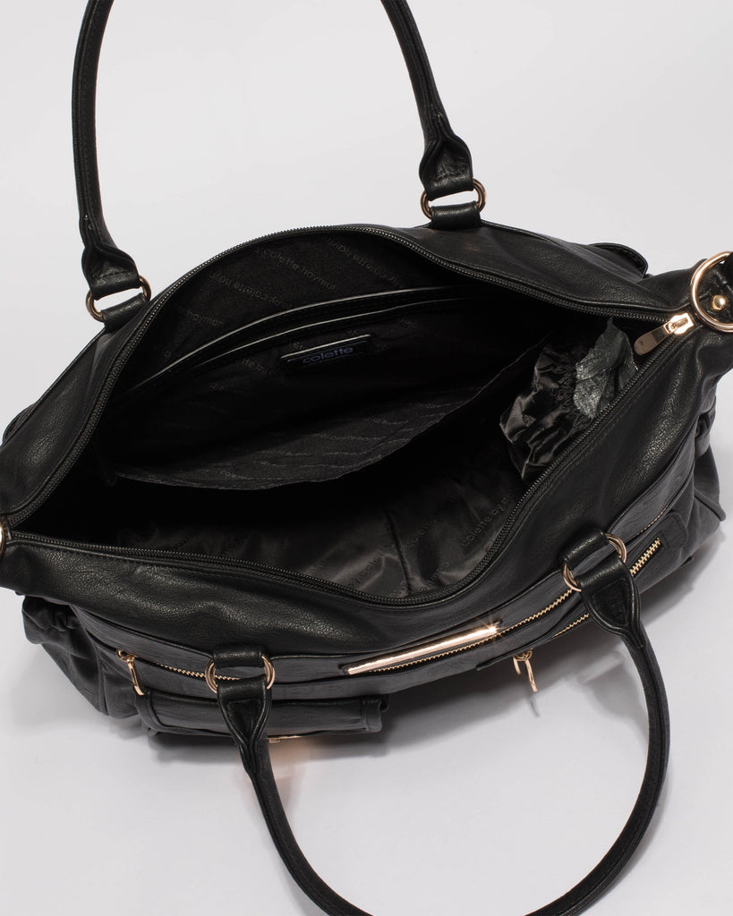 Black Smooth Pocket And Zip Baby Bag With Gold Hardware