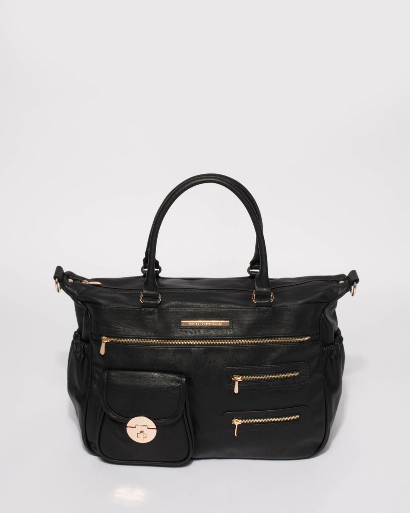 Black Smooth Pocket And Zip Baby Bag With Gold Hardware