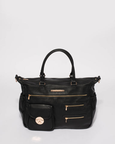 Black Smooth Pocket And Zip Baby Bag With Gold Hardware