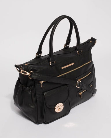 Black Smooth Pocket And Zip Baby Bag With Gold Hardware