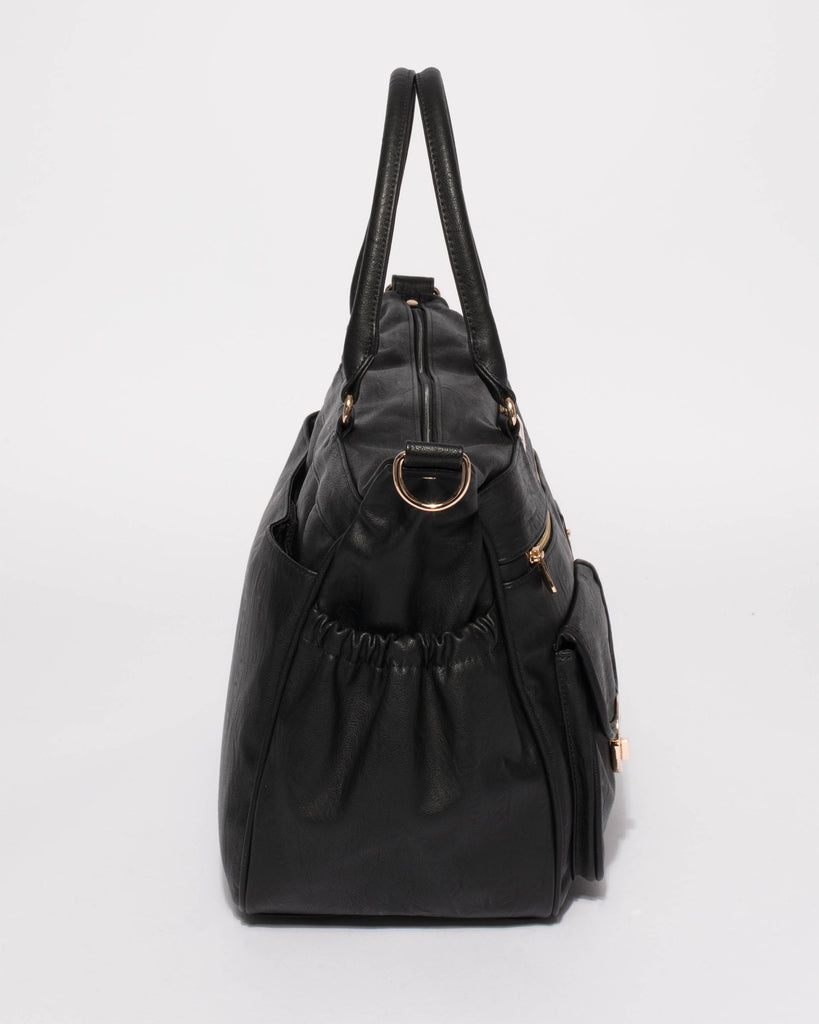 Black Smooth Pocket And Zip Baby Bag With Gold Hardware