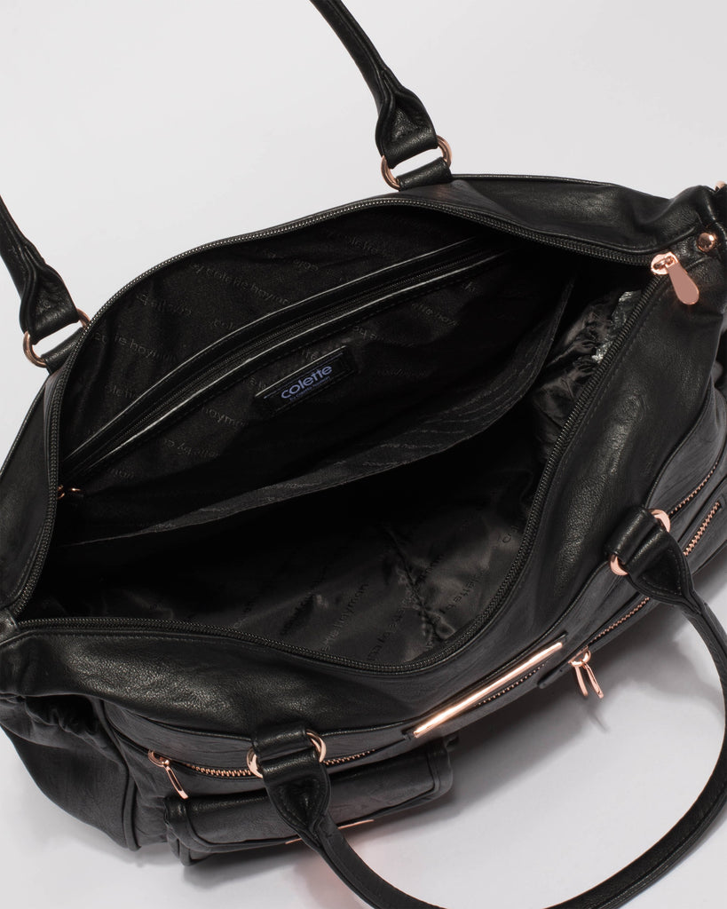 Black Smooth Pocket And Zip Baby Bag With Rose Gold Hardware