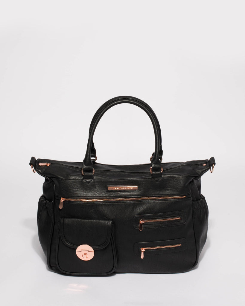 Black Smooth Pocket And Zip Baby Bag With Rose Gold Hardware