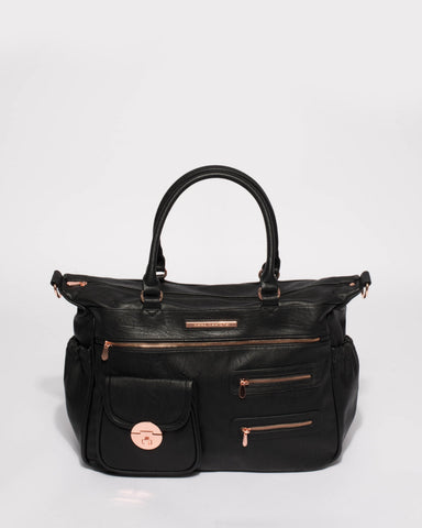 Black Smooth Pocket And Zip Baby Bag With Rose Gold Hardware