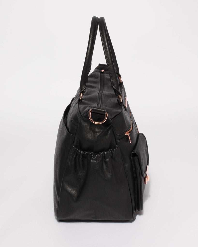Black Smooth Pocket And Zip Baby Bag With Rose Gold Hardware