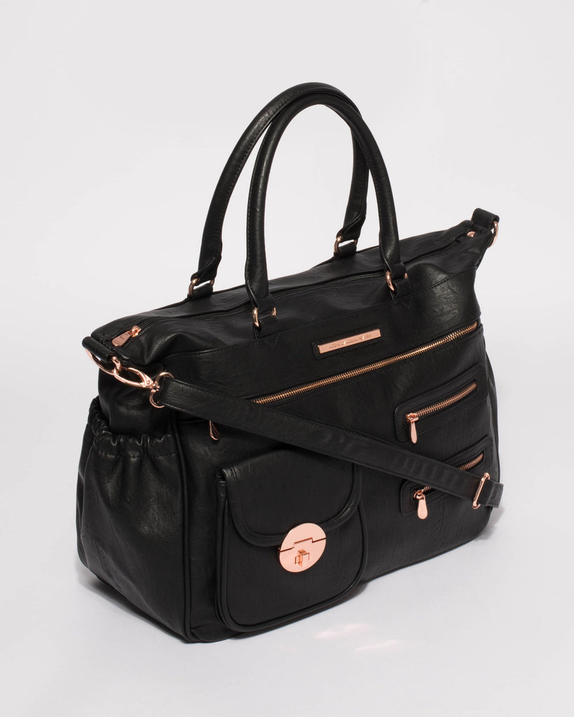Black Smooth Pocket And Zip Baby Bag With Rose Gold Hardware