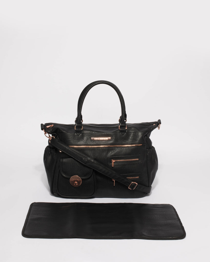 Black Smooth Pocket And Zip Baby Bag With Rose Gold Hardware