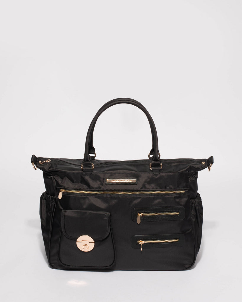 Black Nylon Pocket And Zip Baby Bag With Gold Hardware
