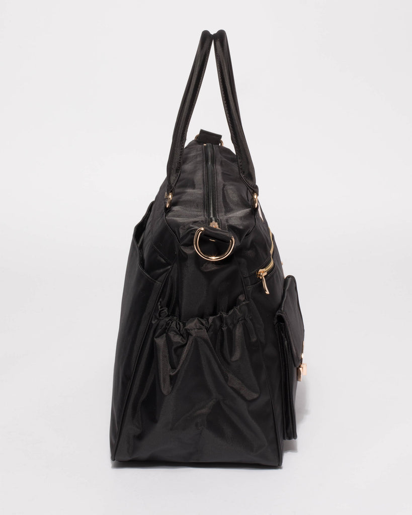 Black Nylon Pocket And Zip Baby Bag With Gold Hardware