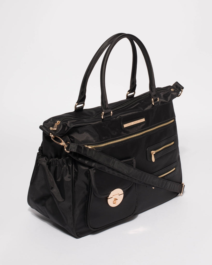 Black Nylon Pocket And Zip Baby Bag With Gold Hardware