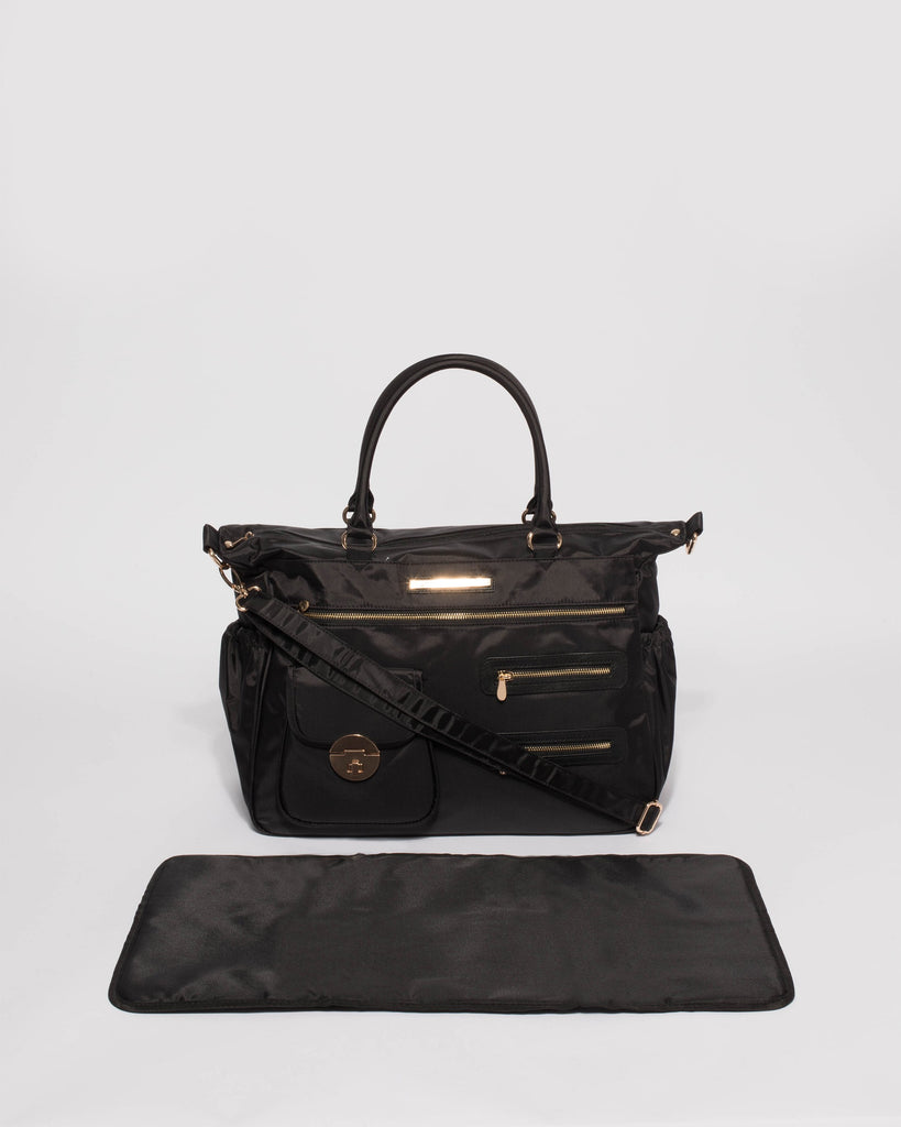 Black Nylon Pocket And Zip Baby Bag With Gold Hardware