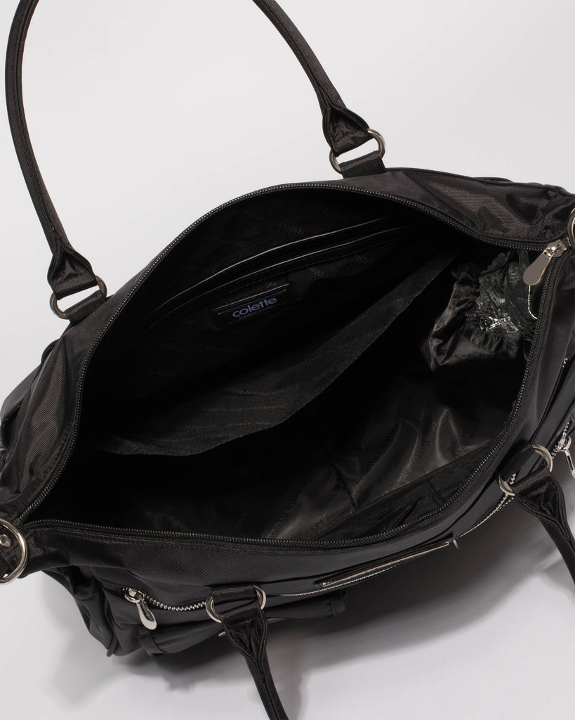 Black Pocket And Zip Baby Bag With Silver Hardware