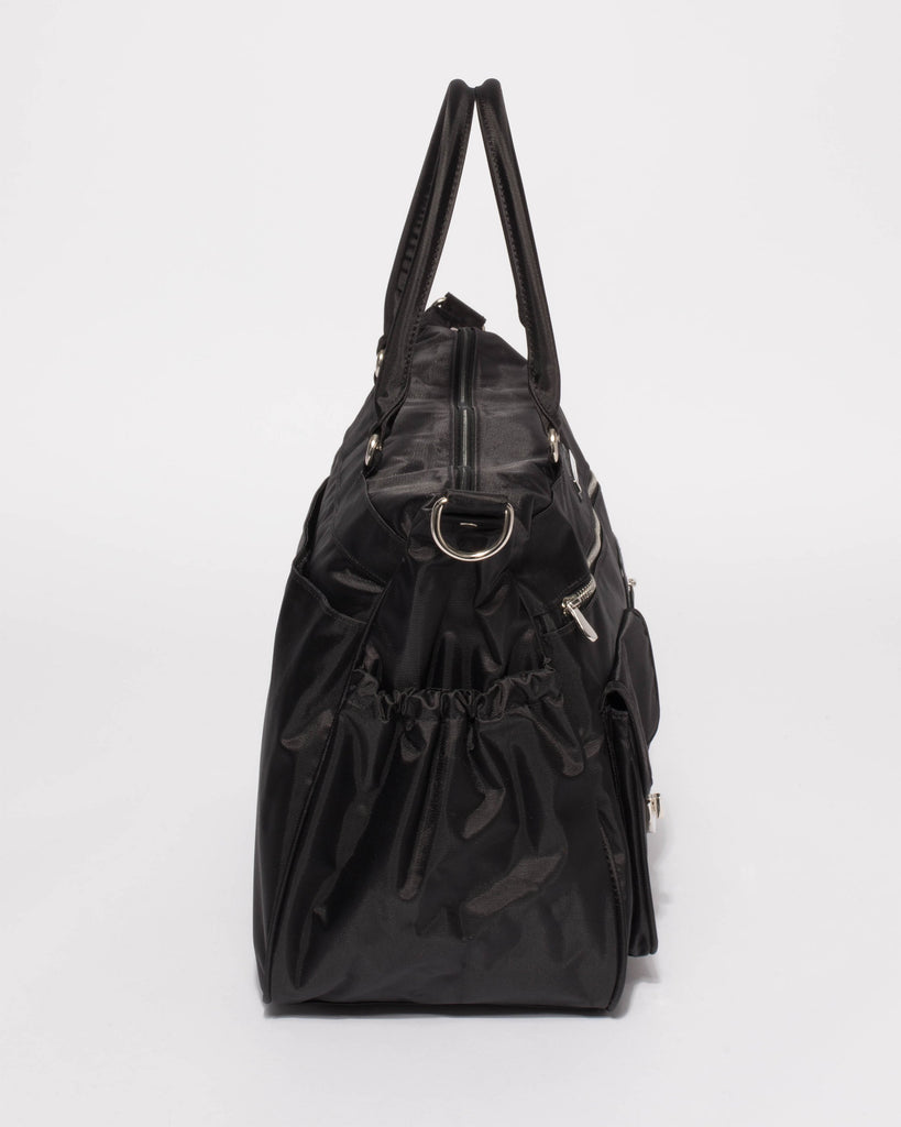 Black Pocket And Zip Baby Bag With Silver Hardware