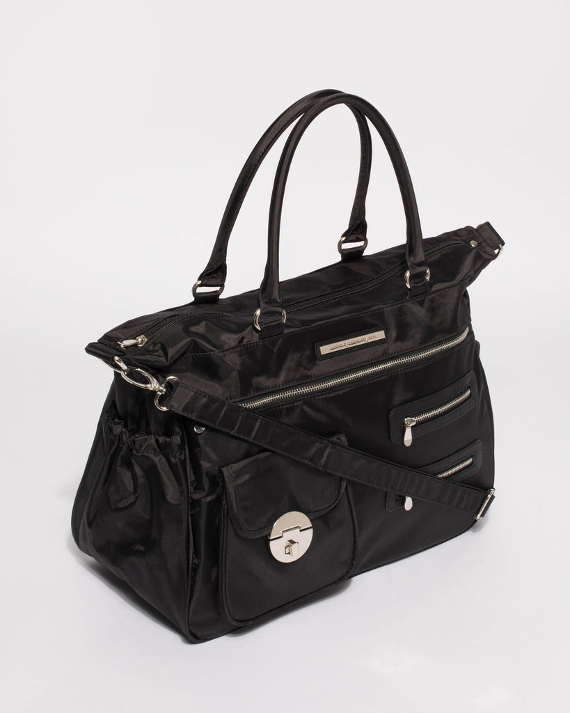 Black Pocket And Zip Baby Bag With Silver Hardware