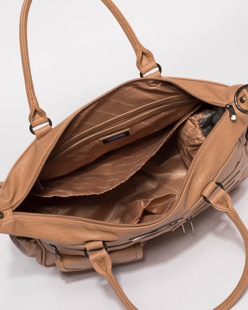 Caramel Pocket And Zip Baby Bag With Gunmetal Hardware