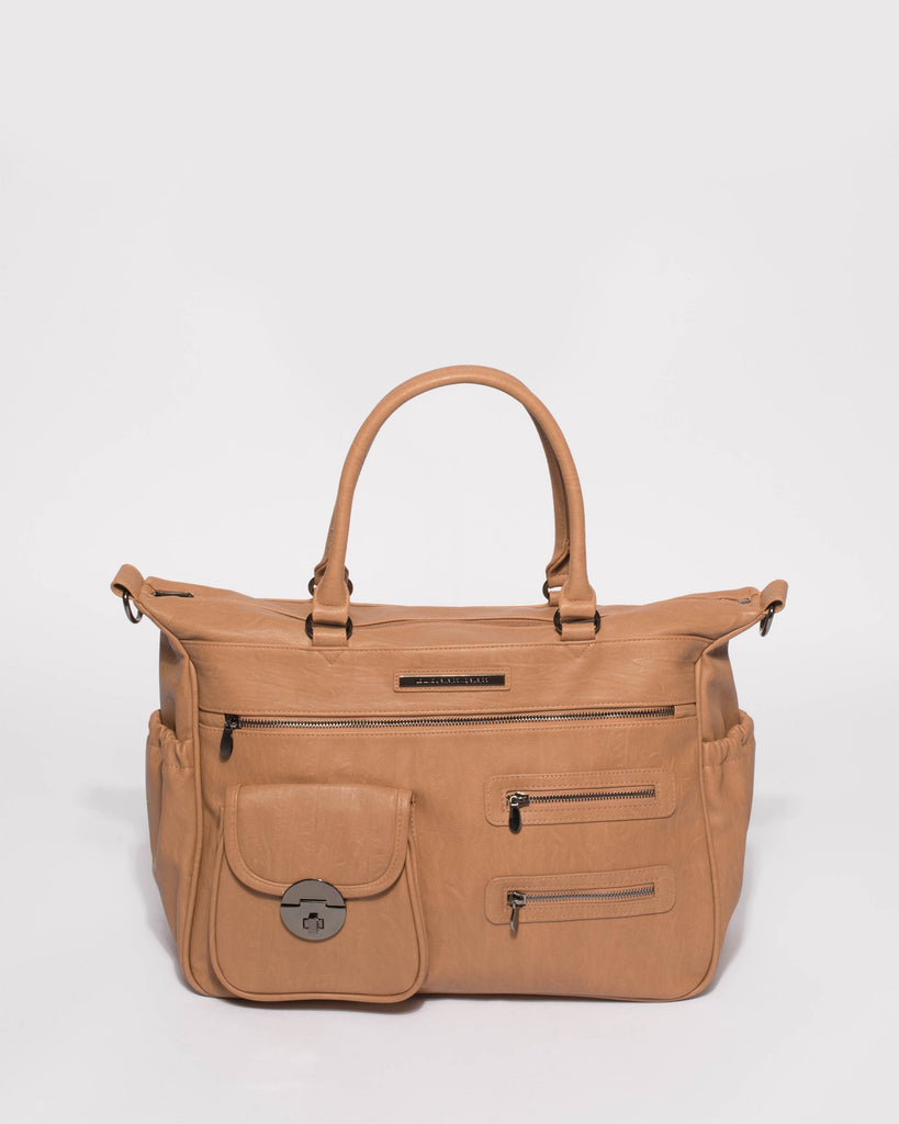 Caramel Pocket And Zip Baby Bag With Gunmetal Hardware