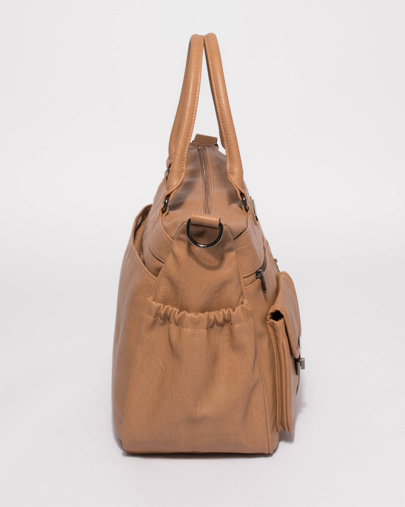 Caramel Pocket And Zip Baby Bag With Gunmetal Hardware
