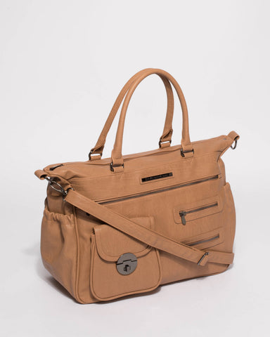 Caramel Pocket And Zip Baby Bag With Gunmetal Hardware