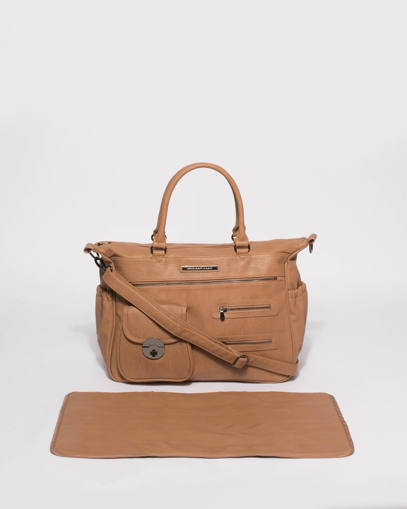Caramel Pocket And Zip Baby Bag With Gunmetal Hardware
