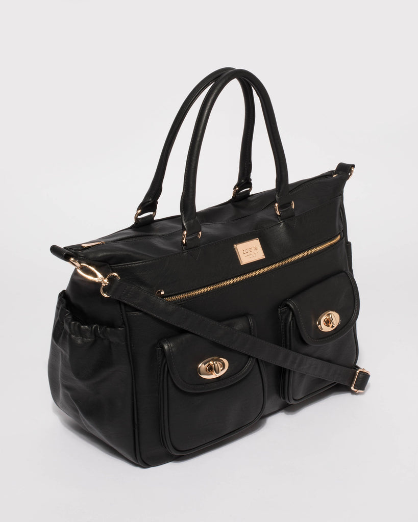 Black Baby Travel Bag With Gold Hardware