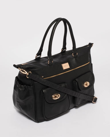 Black Baby Travel Bag With Gold Hardware