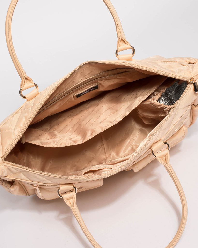 Beige Quilted Baby Bag With Gold Hardware