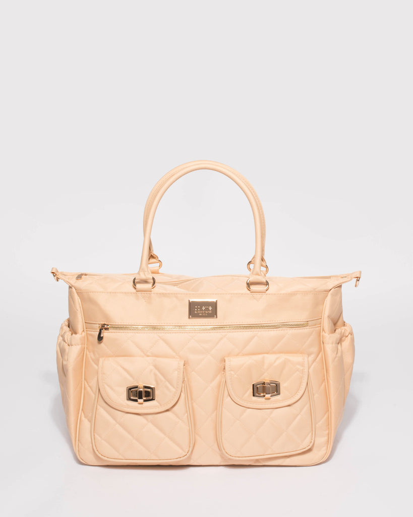 Beige Quilted Baby Bag With Gold Hardware