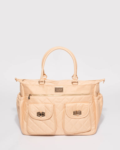 Beige Quilted Baby Bag With Gold Hardware
